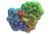 Visualisierung eines Proteins. Die transparente Darstellung zeigt gleichzeitig Oberfläche sowie den Atomaufbau (Stäbchen-Modell) im Innenraum.