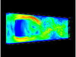 Darstellung eines Flussprofils in einem Kanal mit einem Hindernis, berechnet mit Hilfe des GPU Lattice-Boltzmann Lösers, welcher Teil der Molekular-Dynamik Software ESPResSo ist. Die Farben repräsentieren die Geschwindigkeit der Flüssigkeit (rot = hoch, blau = niedrig). Die Flüssigkeit fliesst dabei von links nach rechts und mithilfe der Flusslinien wird das komplexe Verhalten der Flüssigkeit hinter dem Hindernis aufgezeigt.
